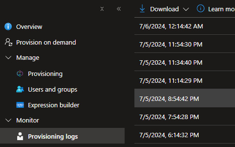 Screenshot of provisioning logs